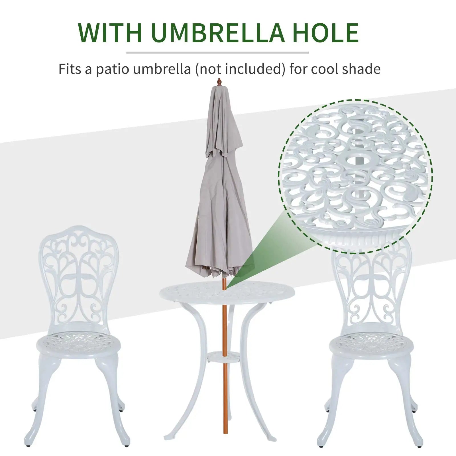 White outdoor table and chairs with an umbrella hole feature, showing a patio umbrella.