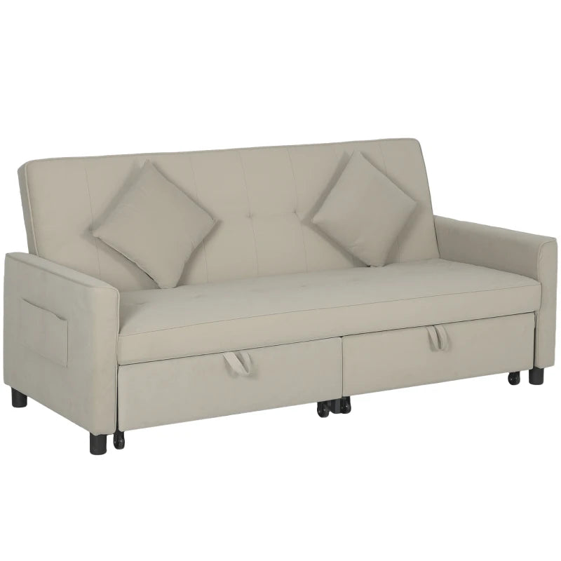 Beige sofa bed with storage drawers on a white background