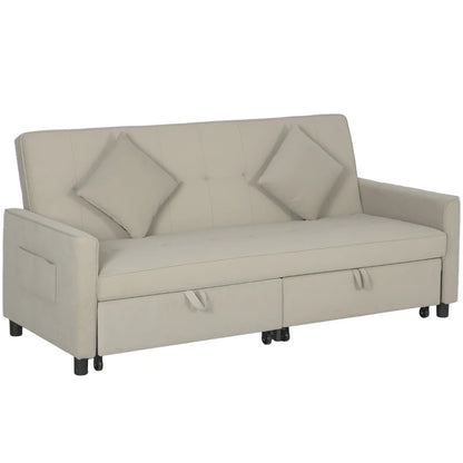 Beige sofa bed with storage drawers on a white background