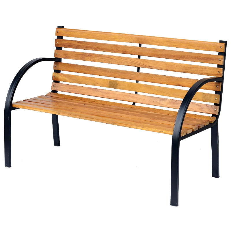 Wooden bench with black metal frame on a white background