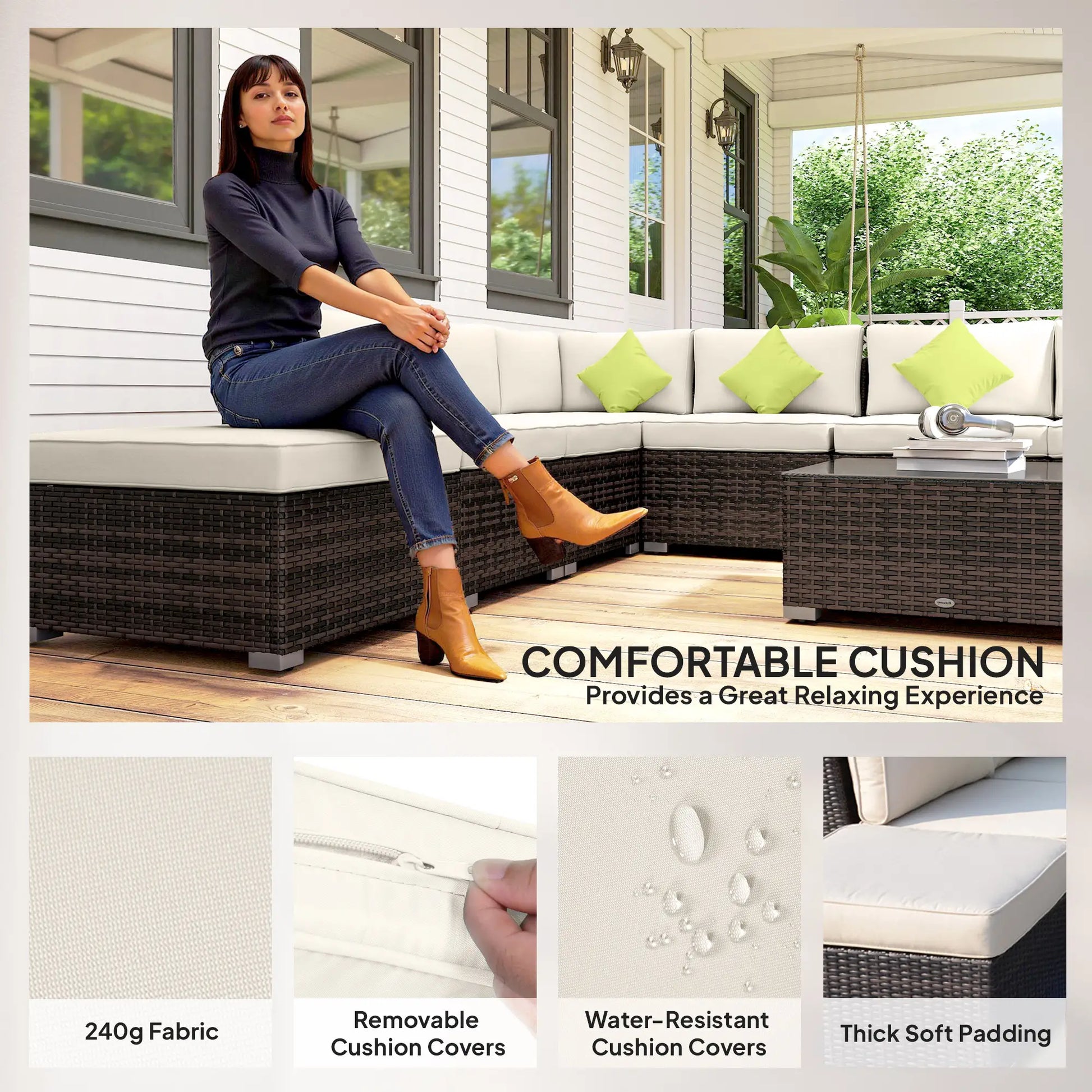 Woman sitting on a outdoor sofa with cushions, surrounded by text highlighting cushion features.