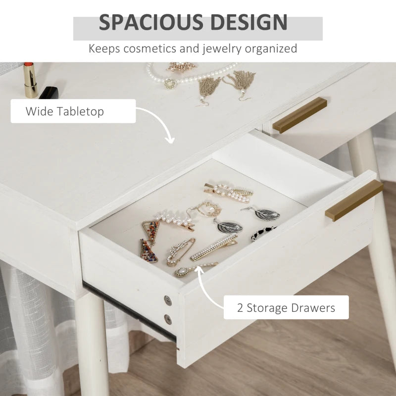 White table with jewelry and cosmetics on a wooden floor