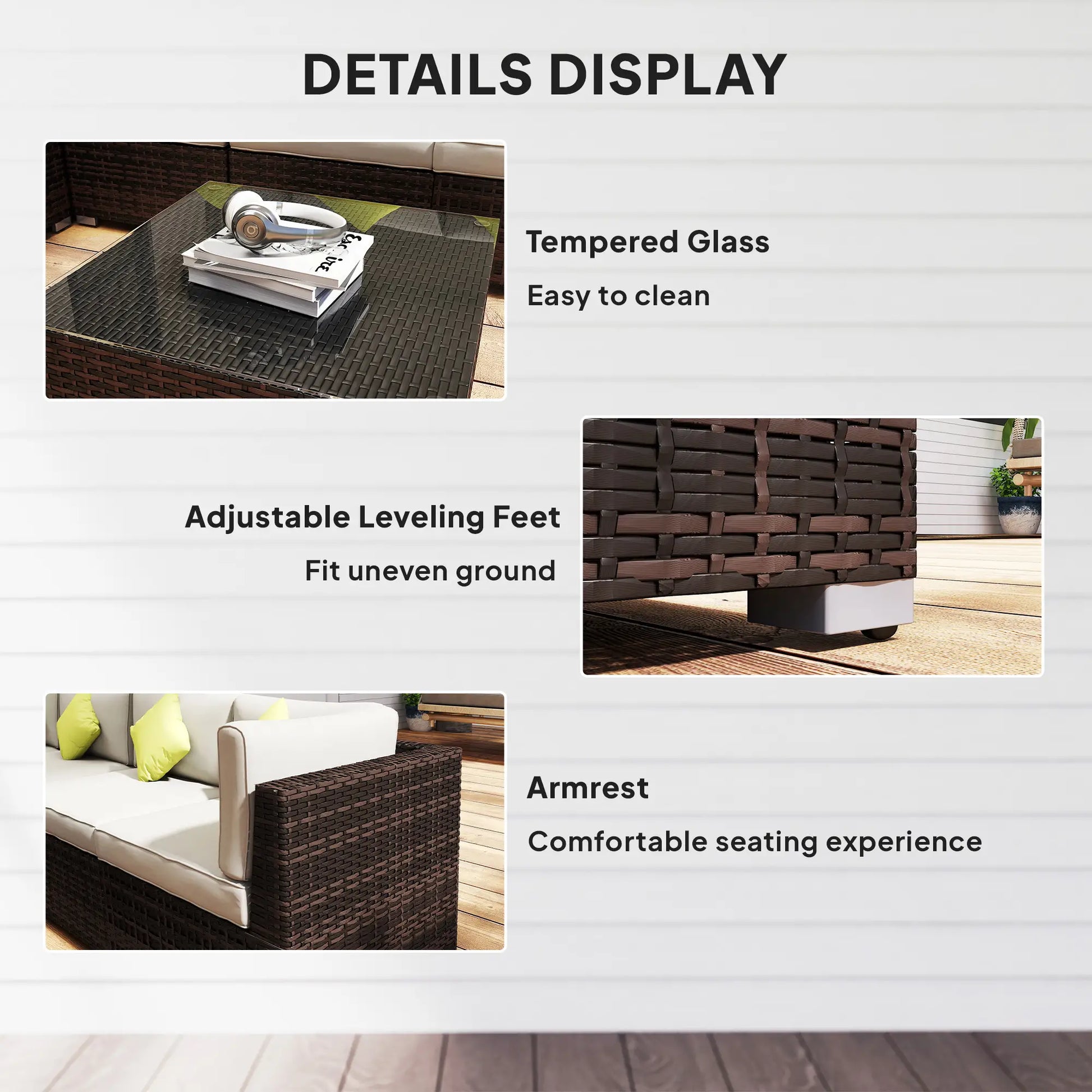 Outdoor furniture details with tempered glass table, adjustable leveling feet, and armrest.