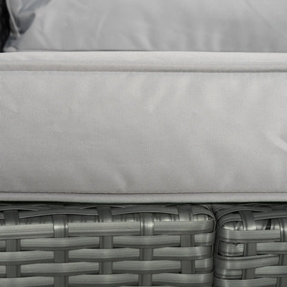 Close-up of a gray cushion on wicker furniture