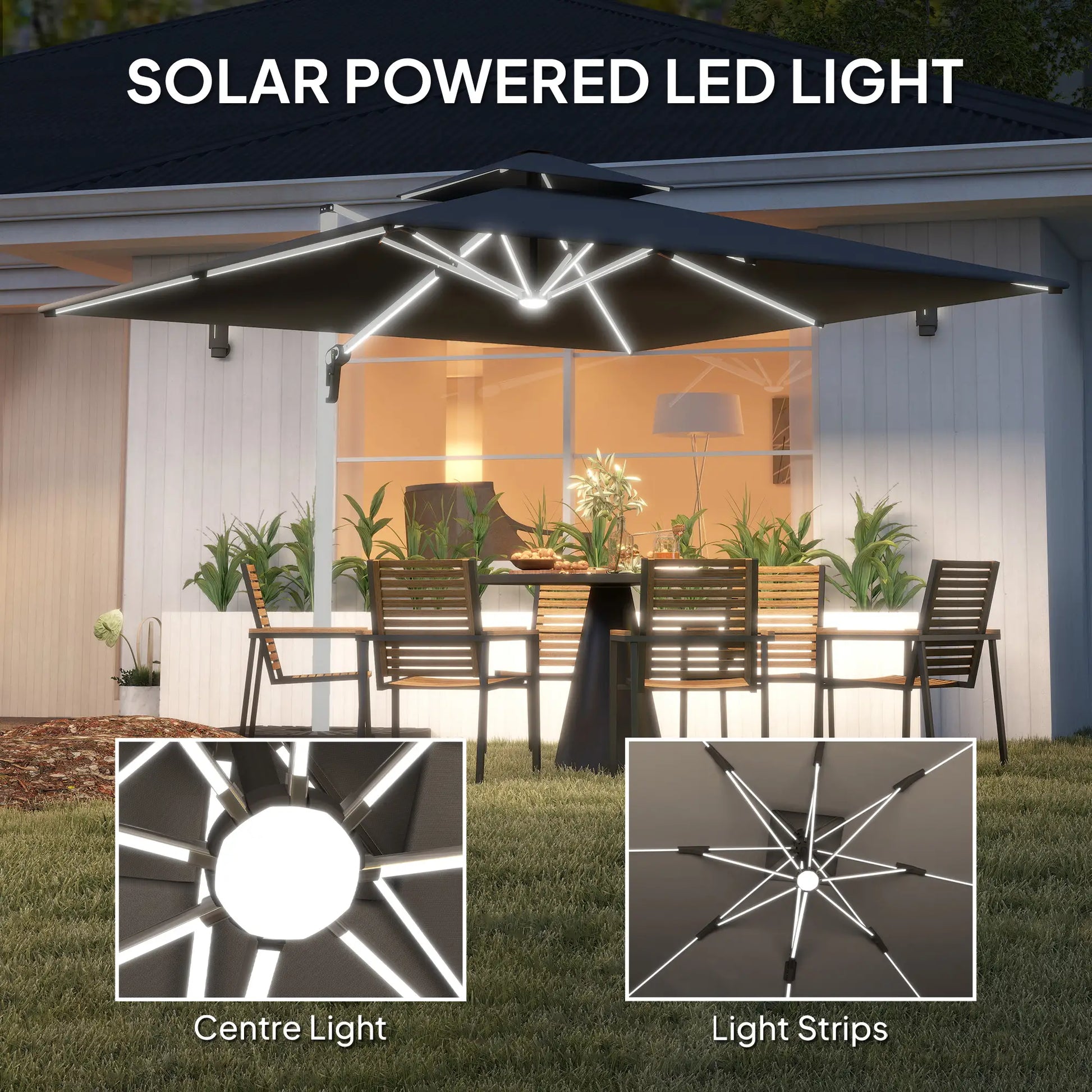 Solar-powered LED light on a patio umbrella with a dining area in the background