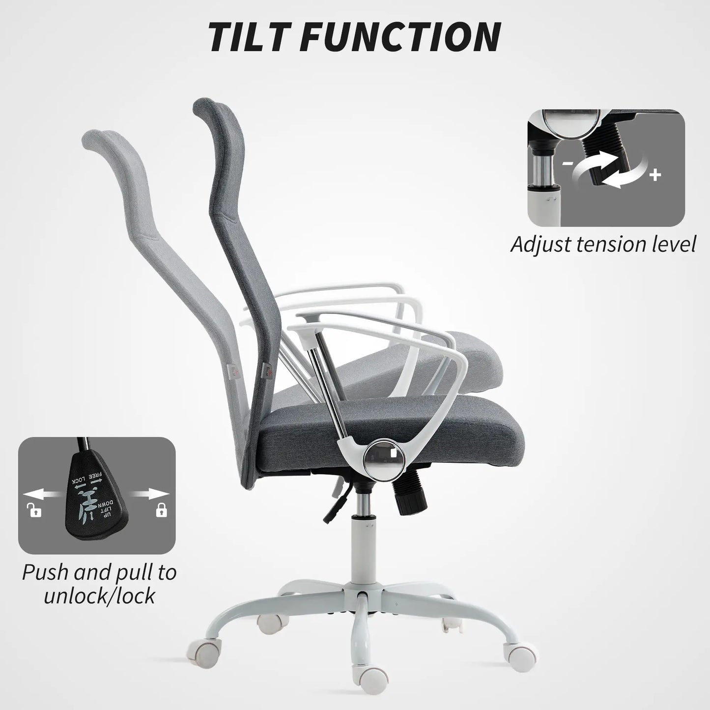 Office chair with tilt function features on a white background
