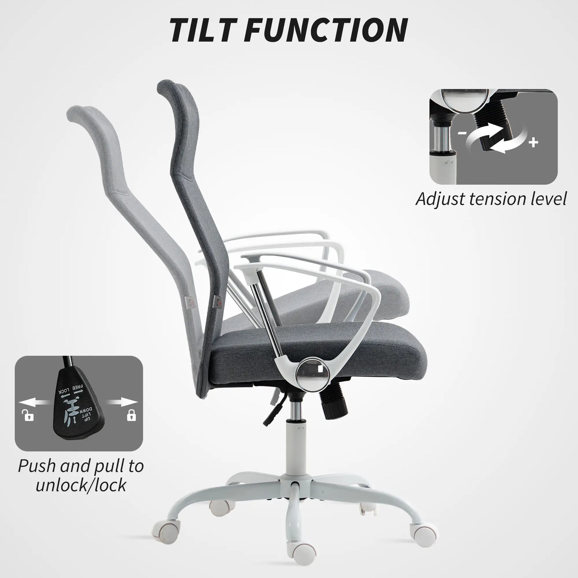 Office chair with tilt function features on a white background