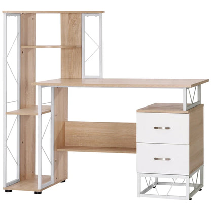 Wooden desk with bookshelf and white drawers on a white background