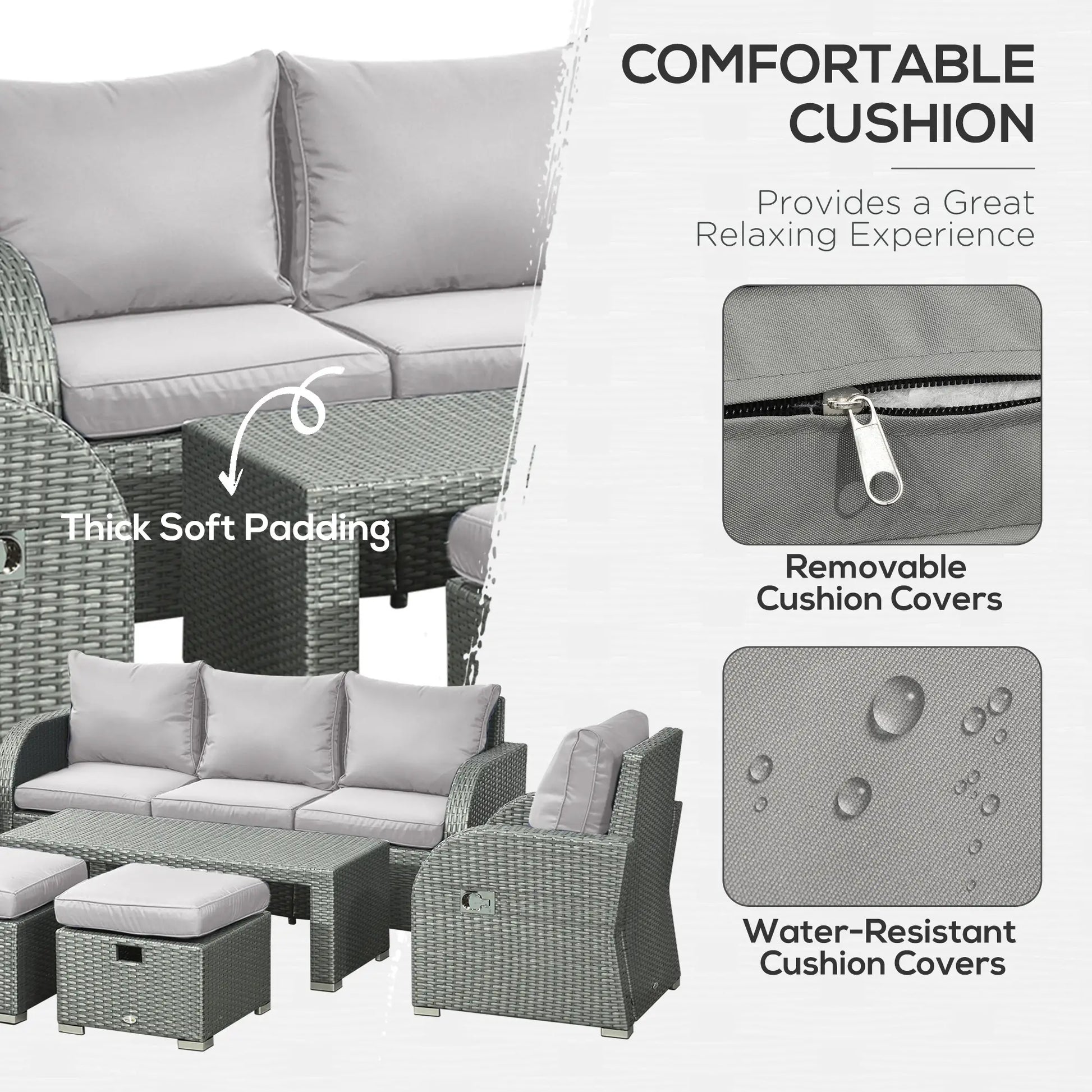 Outdoor furniture set with gray cushions, thick soft padding, and water-resistant covers.