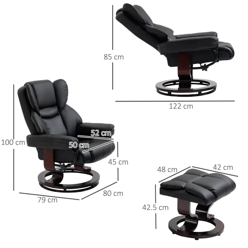 Black recliner chair with dimensions labeled on a white background