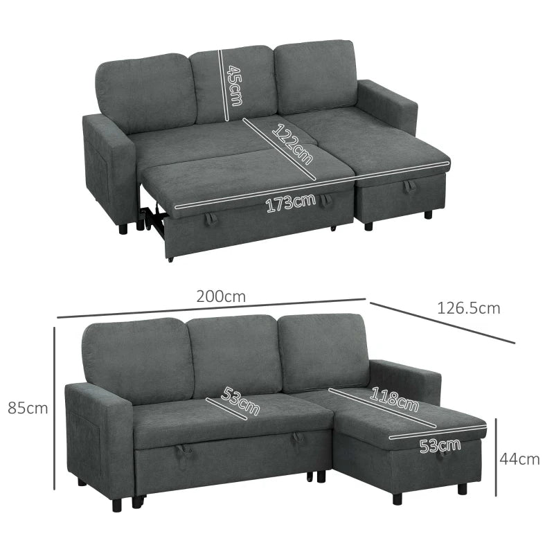 Gray sectional sofa with dimensions labeled on a white background
