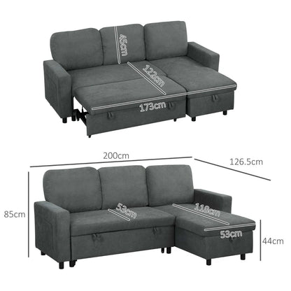 Gray sectional sofa with dimensions labeled on a white background