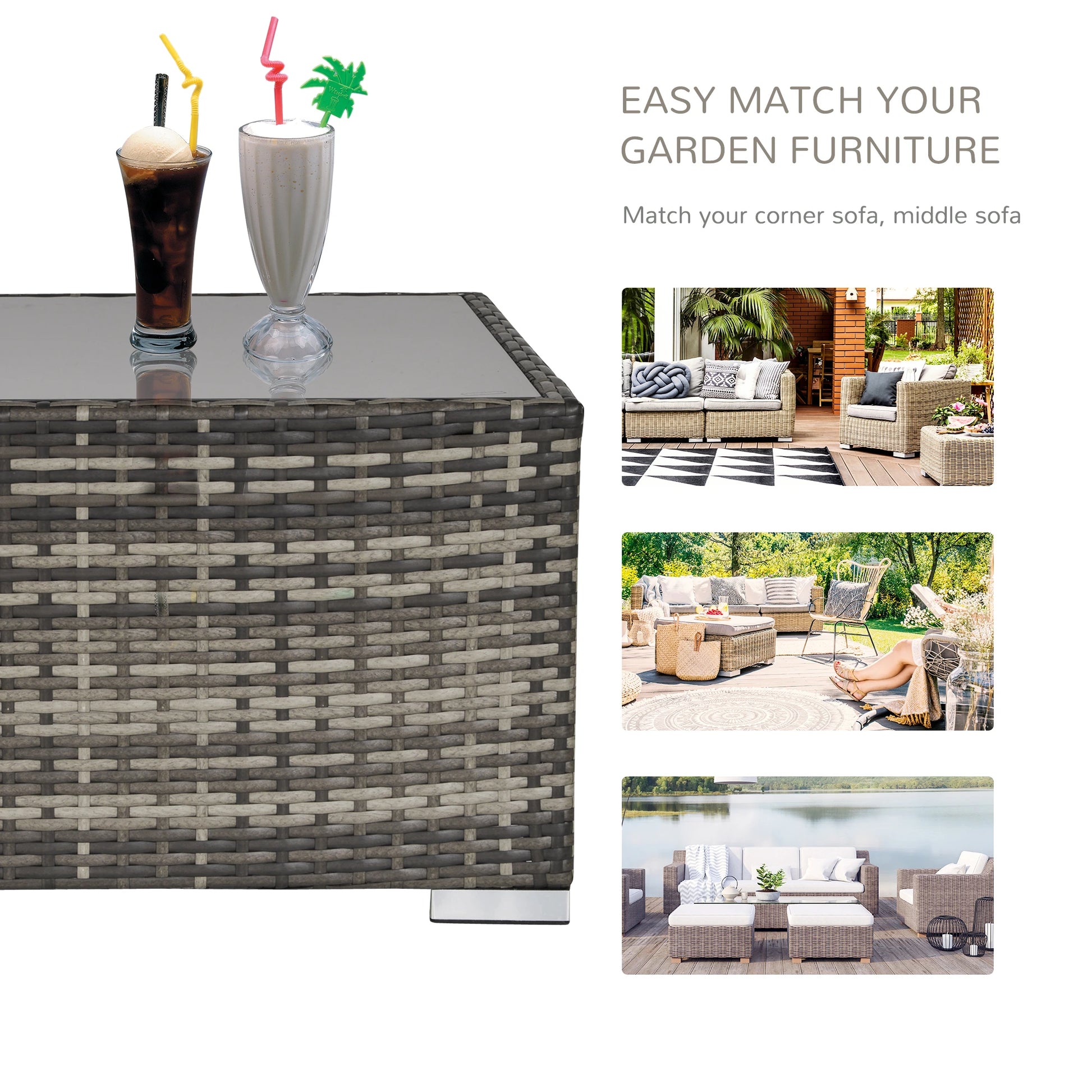 Garden furniture set with a table and two drinks, surrounded by images of outdoor seating arrangements.