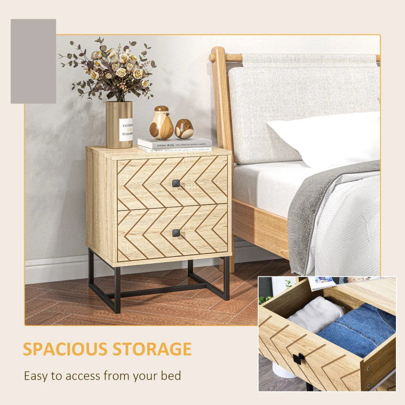 Wooden nightstand with chevron pattern next to a bed, featuring text 'Spacious Storage'.